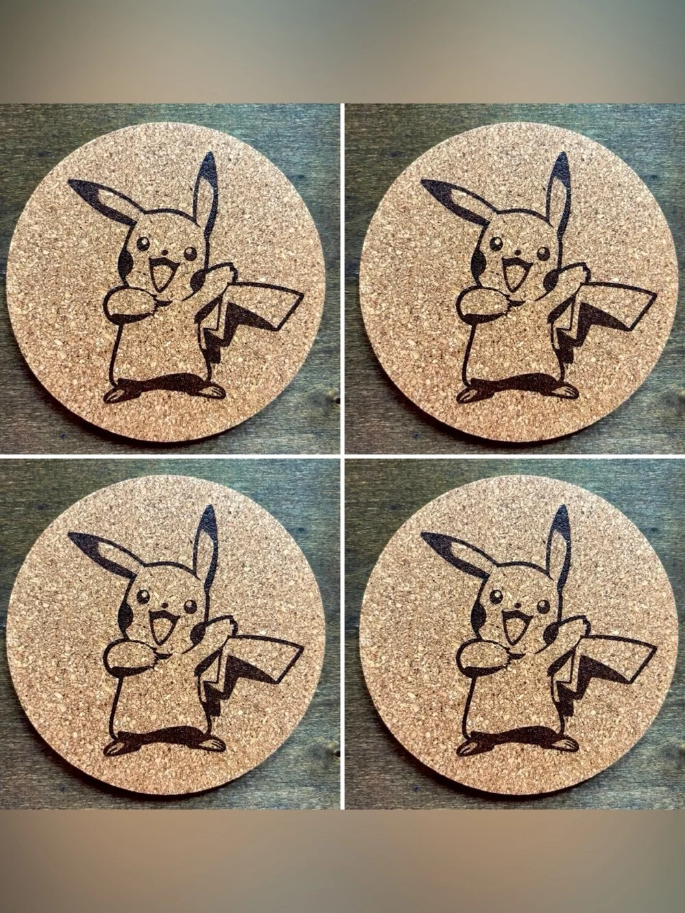 Pikachu Laser Engraved Cork Coasters Lot of 4